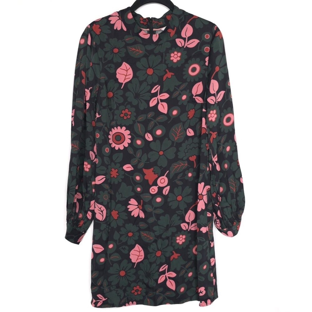 BODEN Floral Viscose Dress Knee Length Long‎ Sleeve Black Pink UK 8 US 4 W0235 - Picture 6 of 9